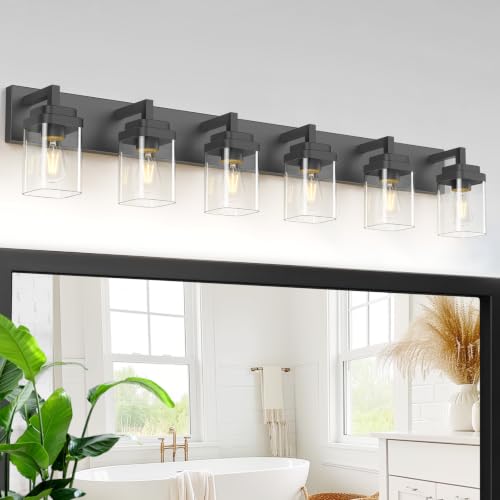 Matte Black Bathroom Light Fixtures, Modern Vanity Lights with Clear Glass Lamp Shade, Bathroom Lighting Fixtures Over Mirror, Restroom Vanity Lighting Fixture, 6-Light 46 Inch - color: Blakc, size: 6-Light