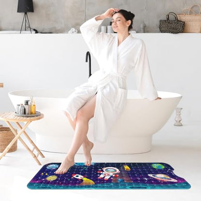 Bath Mat for Tub, Space Astronaut, 40 X 16 Inch, for Kids | Sun Moon Earth Extra Long Baby Toddler Bathtub Non Slip Shower with Suction Cups and Drain Holes - color: Multicolor