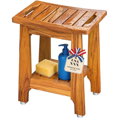 NNN 14" Compact Teak Shower Stool with Japan-Made Non-Slip Leveling Feet | US Patented Design, Marine-Grade Hardware, Pre-Oiled European Teak Oil, Ready, 300lb, for Small Baths Tubs & Outdoor Pools - size: 14"W x 10" Dx 17"H