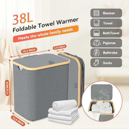 Towel Warmer & Laundry Basket 2-in-1, Foldable Towel Warmer for Bathroom with Removable Heating Bag, 20/40/60Mins Fast Heating, Auto Shut-Off, Fits 3 Large Towels Blankets, Ideal Xmas Gift - color: Grey