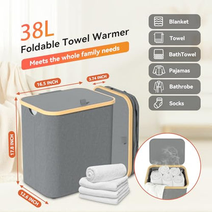 Towel Warmer & Laundry Basket 2-in-1, Foldable Towel Warmer for Bathroom with Removable Heating Bag, 20/40/60Mins Fast Heating, Auto Shut-Off, Fits 3 Large Towels Blankets, Ideal Xmas Gift - color: Grey