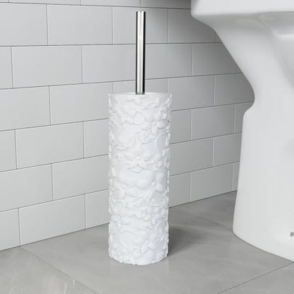 White Floral Design Resin Toilet Bowl Holder and Brush Set, Stylish Bathroom Cleaning Tool with Durable Bristles, Compact and Functional - style: White Floral