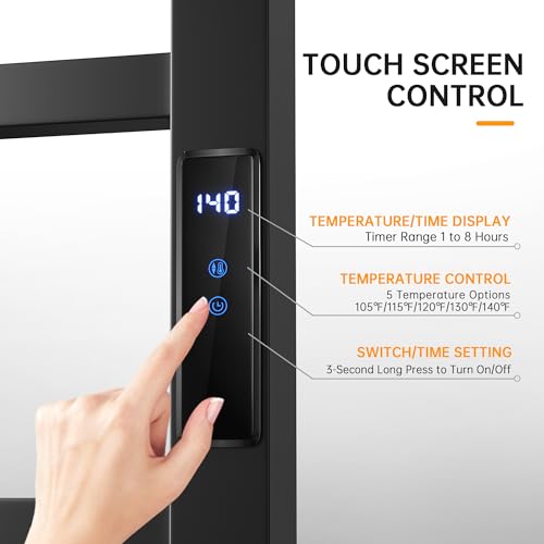 Towel Warmer Rack, Heated Towel Racks for Bathroom, Wall Mounted Towel Warmer, Stainless Steel 8-Bars Drying Rack with Intelligent Touch Screen Timer, Matte Black