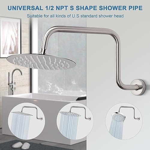 S Shaped Shower Arm, High Rise Shower Head Extension Pipe Standard 1/2" Connection with Flange, Awesome Shower Experience-Stainless Steel Bathroom Accessory(16 Inch Z-S Shape, Brushed Nickel) - color: Brushed Nickel, style: 16" Z Shape