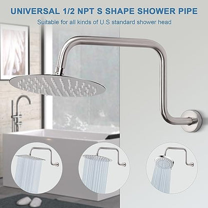 S Shaped Shower Arm, High Rise Shower Head Extension Pipe Standard 1/2" Connection with Flange, Awesome Shower Experience-Stainless Steel Bathroom Accessory(16 Inch Z-S Shape, Brushed Nickel) - color: Brushed Nickel, style: 16" Z Shape