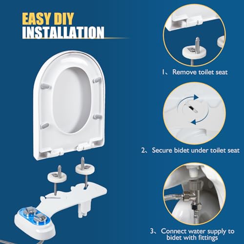 Non-Electric Bidet Attachment for Toilet, Dual Nozzle Rear & Feminine Wash | Easy to Install Self-Cleaning, Adjustable Water Pressure, for any Standard Two-piece Toilet