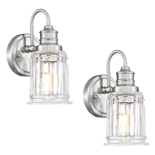 Bathroom Wall Sconces Brushed Nickel, HWH Modern Bathroom Vanity Wall Light Sconce Wall Lighting Set of 2, 1-Light Wall Sconce Bell-Shaped Fluted Glass, 5HZG106B-2 BN - color: Brushed Nickel, size: 1-Light *2
