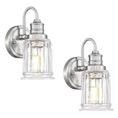 Bathroom Wall Sconces Brushed Nickel, HWH Modern Bathroom Vanity Wall Light Sconce Wall Lighting Set of 2, 1-Light Wall Sconce Bell-Shaped Fluted Glass, 5HZG106B-2 BN - color: Brushed Nickel, size: 1-Light *2