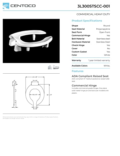 Centoco 3 inch Raised Toilet Seat for Seniors, Round, Open Front, White | Plastic, No Cover, 3L300STSCC-001, Made in the USA - size: Round, style: 3" Raised