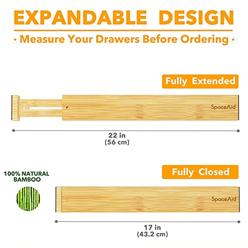 SpaceAid Bamboo Drawer Dividers with Labels, Kitchen Adjustable Drawer Organizers, Expandable Organization for Home, Office, Dressers and Bathroom, 6 Dividers (17-22 in) - size: Long (17-22 in)