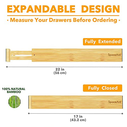 SpaceAid Bamboo Drawer Dividers with Labels, Kitchen Adjustable Drawer Organizers, Expandable Organization for Home, Office, Dressers and Bathroom, 6 Dividers (17-22 in) (Pack of 2) - size: Long (17-22 in) (Pack of 2)