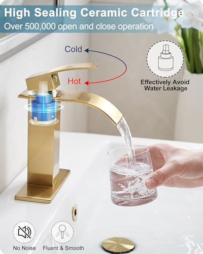 Gold Bathroom Faucet Waterfall, Brass Bathroom Faucets Single Hole or 3 Hole 4 Inch, Single Handle Bathroom Sink Faucet with Deck Plate & Drain - color: Brushed Gold - Elegant