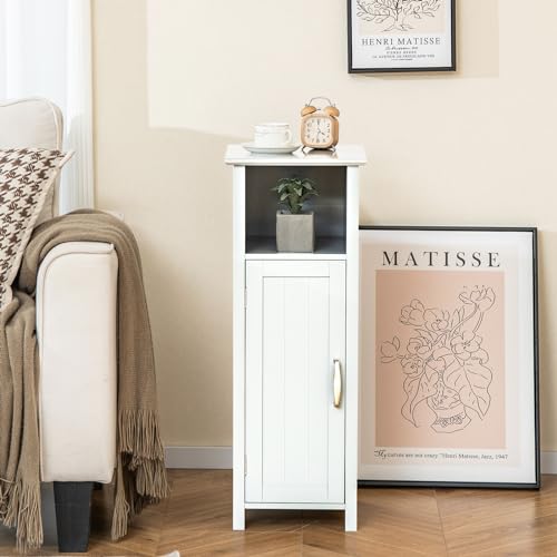 COSTWAY Bathroom Storage Cabinet, Freestanding Narrow Storage Organizer with Open Shelf & Adjustable Shelf, Small Slim Floor Cabinet for Bathroom, Living Room, Entryway, Office, White | with Open Shelf & Adjustable Shelf, Small Slim Floor Cabinet for Bath