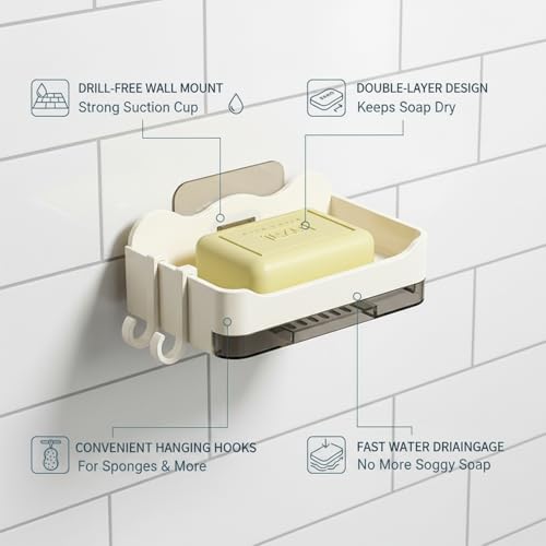 Suction Cup Soap Dish, Double Layer Wall Mount Holder for Shower & Sink, No Drill PP Plastic Drainage Tray (1 Pack) - color: White