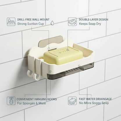 Suction Cup Soap Dish, Double Layer Wall Mount Holder for Shower & Sink, No Drill PP Plastic Drainage Tray (1 Pack) - color: White