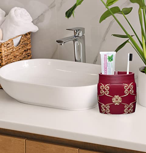 Zahari Home 4pc Elegant Rose Burgundy Bathroom Set Classic Bathroom Lotion Dispenser, Tumbler, Toothbrush Case and Bar Soap Holder Modern Uunique Design Burgundy Red Bathroom Accessories - color: Elegant Rose, style: 4 Piece Set