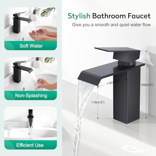 CREA Black Waterfall Bathroom Faucet 1 Hole,Matte Black Bathroom Faucet Single Handle Bathroom Sink Faucet with Pop Up Drain Stopper/ 3 Hole Plate,Stainless Steel RV Vanity Faucet Basin Mixer Tap - color: Black, style: Wide Spout