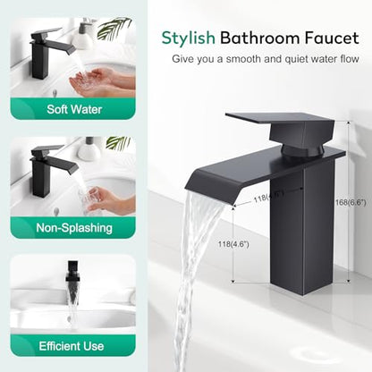 CREA Black Waterfall Bathroom Faucet 1 Hole,Matte Black Bathroom Faucet Single Handle Bathroom Sink Faucet with Pop Up Drain Stopper/ 3 Hole Plate,Stainless Steel RV Vanity Faucet Basin Mixer Tap - color: Black, style: Wide Spout