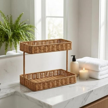 Two Tier Storage Rack Woven Rattan Storage Rack Thickened Edges Countertop Organizer for Vanity Table, Small, Widened Lower Layer - size: Small, Widened Lower Layer