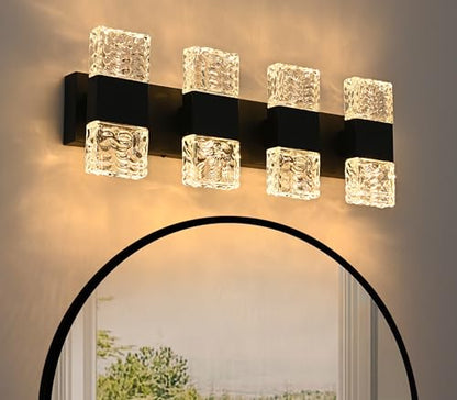 MELUCEE LED Bathroom Vanity Light 32W Crystal Vanity Light Bar 23.6 in | Modern Black Bathroom Light Fixtures Crystal Wall Sconce for Bath Powder Room Entryway, 3000K Warm Lighting - color: Black, size: 4 Lights