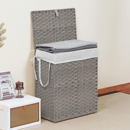 DUMOS Woven Laundry Basket with Lid, 90L Large Capacity Hamper, Removable & Machine-Washable Liner, Foldable Rattan Clothes Hamper, Sturdy Steel Frame, Odor Control, Dove Gray - color: Dove Gray, size: 90L