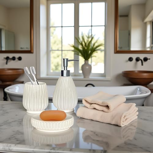 Ceramic Bathroom Accessory Set, White Bathroom Set, Caahanjia Bathroom Accessories Set 4 Pieces, Toilet Brush, Lotion Dispenser, Soap Dish, Toothbrush Cup, Modern Bathroom Décor (13 Ounce) - size: 13 Ounce White