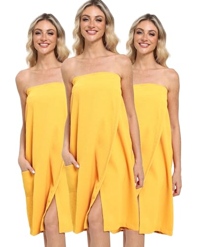 Lightweight Waffle Bath Towel Wraps for Women after Shower | Soft, Knee Length, Adjustable Closure, Thin Robe Body Bathrobes with Pocket for Spa, Gym, Sauna, Beach & Pool - color: 3 Pack Sauna Towel Wrap for Women Yellow