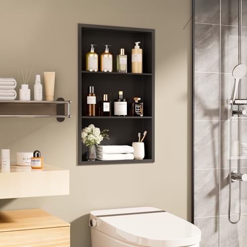 14x24 Recessed Medicine Cabinet, Bathroom Wall Cabinet, 304 Stainless Steel Recessed Wall Niche with 3-Tiers Shelves, Matte Black - color: Matte Black, size: 14'' x 24''