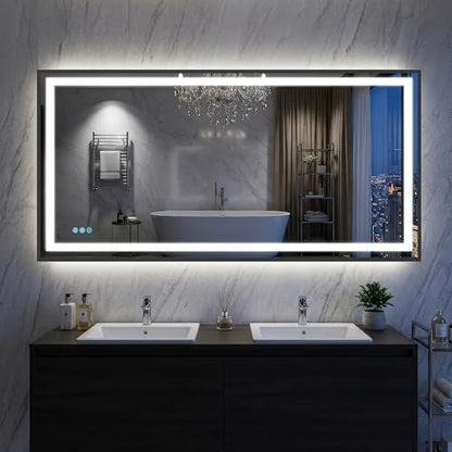 Antok 60X30 LED Bathroom Mirror with Lights, Vanity Mirror for Wall with Black Frame, Touch Control, Anti-Fog, Dimmable Lights, Shatter-Proof, Memory Function, Wall-Mounted Vanity Mirrors - size: 60"L x 30"W