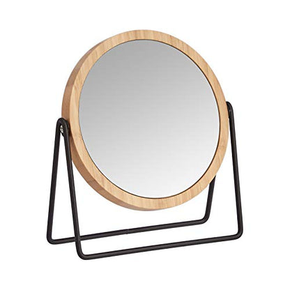 Amazon Basics Vanity Round Tabletop Mirror with Bamboo Rim, Double Sided Magnifying, 360° Rotation, Black, 7.2"L x 2.87"W - size: 7.2"L x 2.9"W, style: Bamboo Rim Without Base