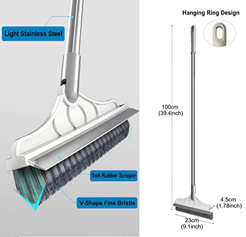 2 in 1 Cleaning Scrub Brush Grout Brush Scrape Floor Scrub Brush with Long Handle V-Shape Stiff Bristle Brush Scrubber with Squeegee 120°Rotating Shower Scruber for Cleaning Bathroom Glass Wall - color: White Color