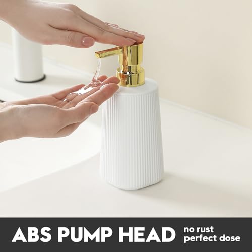 YAUKPH Small Soap Dispenser for Bathroom and Kitchen Matte White and Gold | Modern Farmhouse Striped Style Plastic Hand Soap Dish Soap Dispenser with Pump - color: White and Gold