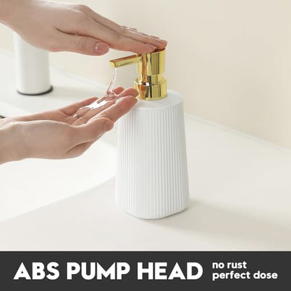YAUKPH Small Soap Dispenser for Bathroom and Kitchen Matte White and Gold | Modern Farmhouse Striped Style Plastic Hand Soap Dish Soap Dispenser with Pump - color: White and Gold