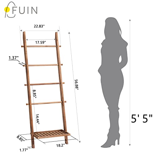 Blanket Ladder, 57in Wood Rustic Decotative Ladder with Bottom Shelf | bottom shelf, towel quilt display holder, organize blanket, leaning wall, living room and bathroom use