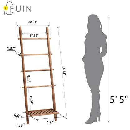 Blanket Ladder, 57in Wood Rustic Decotative Ladder with Bottom Shelf | bottom shelf, towel quilt display holder, organize blanket, leaning wall, living room and bathroom use