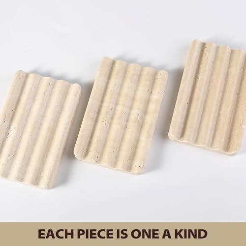 Koville 2PCS Travertine Soap Dishes for Shower, Marble Soap Dish Bar Soap Holder for Sink, Stone Soap Tray for Bathroom, Stripe Grooves Saver Keep Bars Dry Easy Clean - color: Travertine