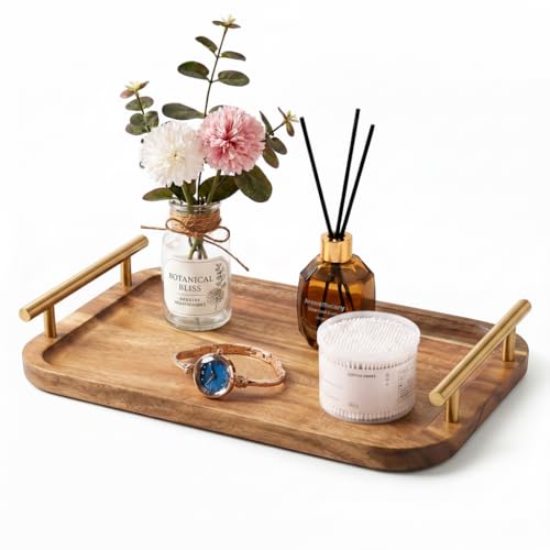 Bathroom Tray for Countertop Organizer,Vanity Tray with Gold Handle, Acacia Wood Tray for Bathroom Decor,Toilet Tank Tray, Multipurpose Organizer Rack for Lavatory Bathroom and Kitchen 11.8"X 7.8" - size: 11.8" x 7.8" x 2"