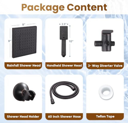 BRIGHT SHOWERS Rain Shower Head with Handheld Spray, 8 Inch Rainfall Shower Head Combo with 60" Hose, Adjustable Dual Square Showerhead Set with 3-Way Diverter, Wall Bracket, Oil-Rubbed Bronze - color: Oil Rubbed Bronze, style: Dual Shower Head