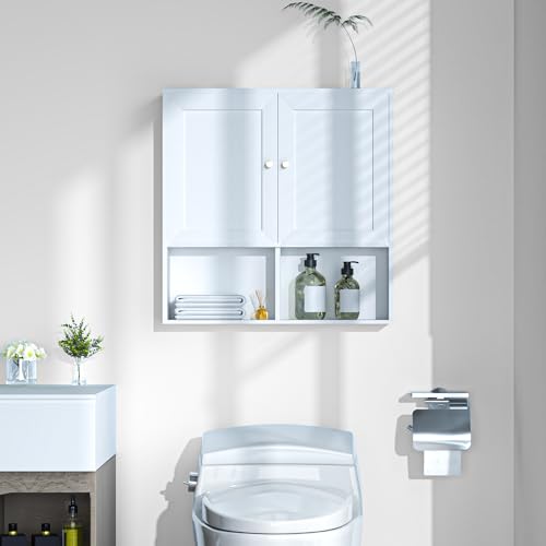 Bathroom Wall Cabinet, Medicine Cabinet with 2 Door and Adjustable Shelves,3-Tier Wood Hanging Storage Over The Toilet,White Wall Mounted Cabinet for Bathroom, Kitchen,Laundry Room