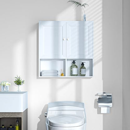 Bathroom Wall Cabinet, Medicine Cabinet with 2 Door and Adjustable Shelves,3-Tier Wood Hanging Storage Over The Toilet,White Wall Mounted Cabinet for Bathroom, Kitchen,Laundry Room