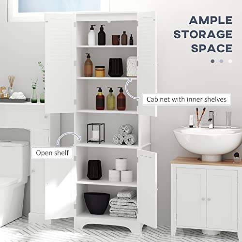 HOMCOM Tall Narrow Bathroom Storage Cabinet with Doors and Shelves, White | Shelf Adjustability, Freestanding, Linen Cabinet - color: White