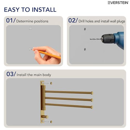 Swivel Towel Rack, Brushed Gold, 12.5 in, 3-Arm Towel Bar | 304 Stainless Steel, Space Saving, Wall Mounted, With Hook - color: Brushed Gold