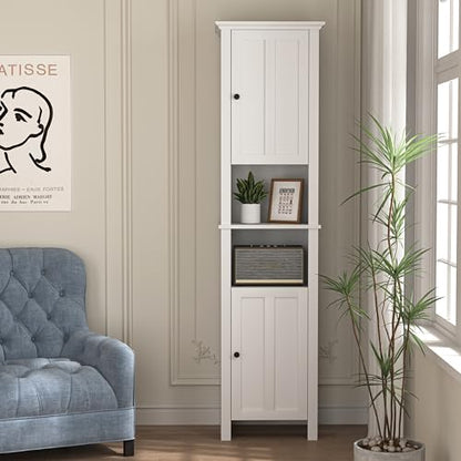 Tall Bathroom Storage Cabinet with Shelves and Door, Narrow Bathroom Cabinet with Adjustable Shelves, Slim Storage Tower, Linen Cabinet for Bedroom, Living Room (White, 15.7"L x 11.8"W x 67"H)