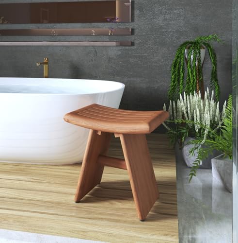 18" Asia-Bjon Slatted Teak Shower Bench | Durable, Water-Resistant Teak, Shower Chair & Shaving Foot Rest, Indoor/Outdoor Use