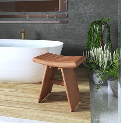 18" Asia-Bjon Slatted Teak Shower Bench | Durable, Water-Resistant Teak, Shower Chair & Shaving Foot Rest, Indoor/Outdoor Use