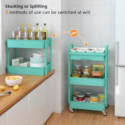 Calmootey 3-Tier Rolling Utility Cart with Drawer,Multifunctional Storage Organizer with Plastic Shelf & Metal Wheel,Storage Cart for Kitchen,Bathroom,Living Room,Office,Green | Space-Saving Organizer, Sturdy Plastic Shelves, Smooth-Rolling Metal Wheels,
