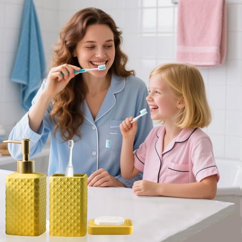 Jessie Bathroom Accessories Set, 3 or 4-Piece Ceramic Bathroom Accessory Set,Soap Dispenser,Toothbrush Holders Set,Tumbler,Soap Dish Embossed Matte Bathroom for Modern Bathrooms (Yellow 3-Piece Suit) - size: Yellow-3 Piece