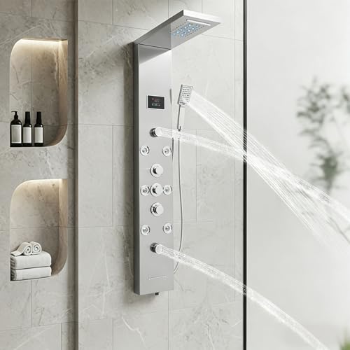 6-in-1 LED Shower Panel Tower System with 8 Adjustable Body Jets, Rainfall & Waterfall Shower, Smart Temperature Display, 59" Hose, Brushed Gold Stainless Steel, Wall Mounted (Silver) - color: Silver