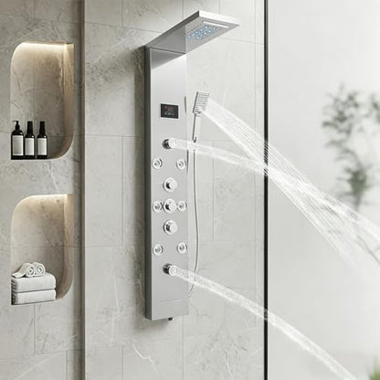 6-in-1 LED Shower Panel Tower System with 8 Adjustable Body Jets, Rainfall & Waterfall Shower, Smart Temperature Display, 59" Hose, Brushed Gold Stainless Steel, Wall Mounted (Silver) - color: Silver