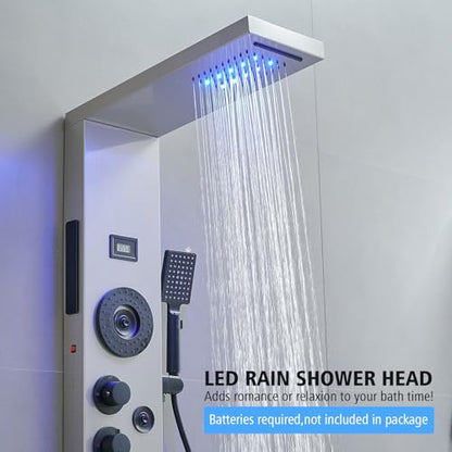 BWE Stainless Steel Shower Panel Tower System,LED Rainfall Waterfall Shower Head,4 Massage Body Jets,3 Functions Handhels Shower and Waterfall Tub Spout,Wall Mounted Shower Panel with Temp Display - color: Brushed Nickel and Black